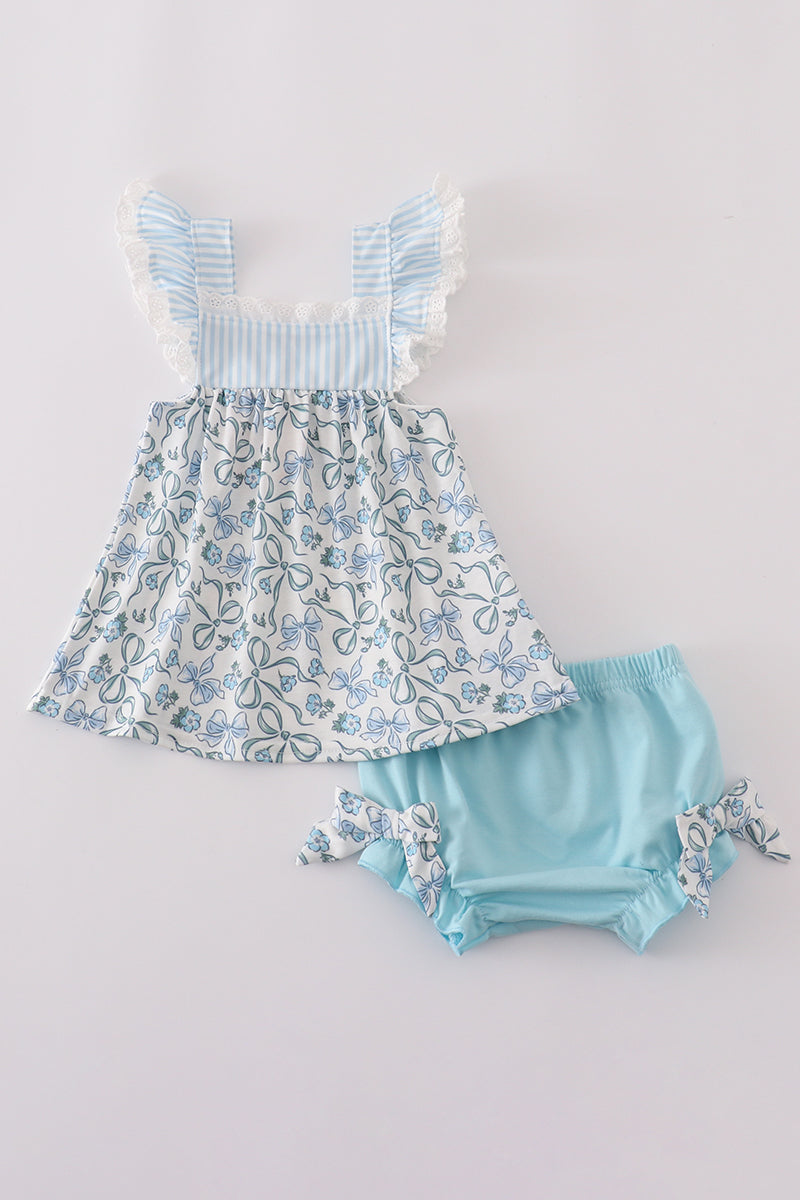 Blue Bow & Lace Print Bloomer Set