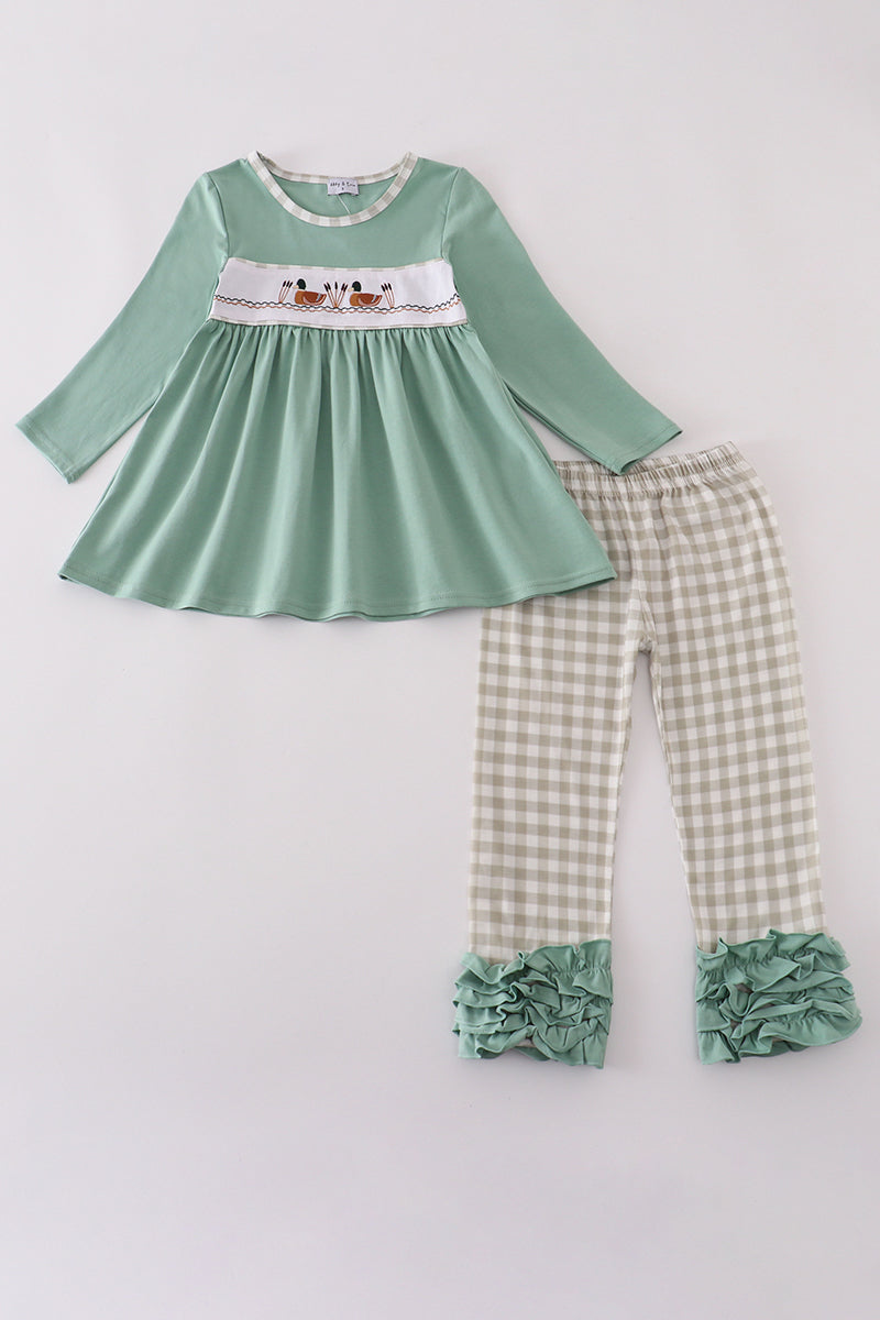 Sage Green Duck Appliqué Top & Gingham Ruffle Pant Set