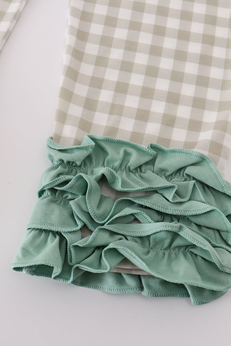 Sage Green Duck Appliqué Top & Gingham Ruffle Pant Set
