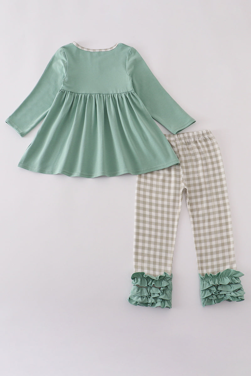 Sage Green Duck Appliqué Top & Gingham Ruffle Pant Set