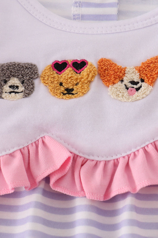 Lavender Stripe Ruffle Baby Romper with Embroidered Animal Faces – Long Sleeve