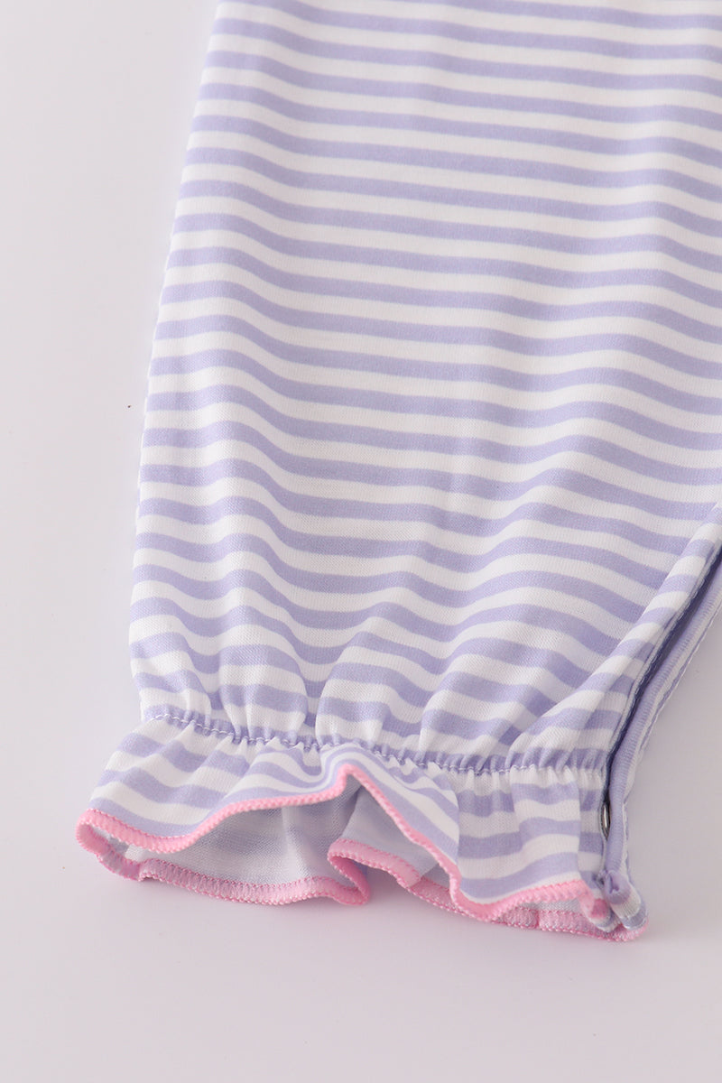 Lavender Stripe Ruffle Baby Romper with Embroidered Animal Faces – Long Sleeve