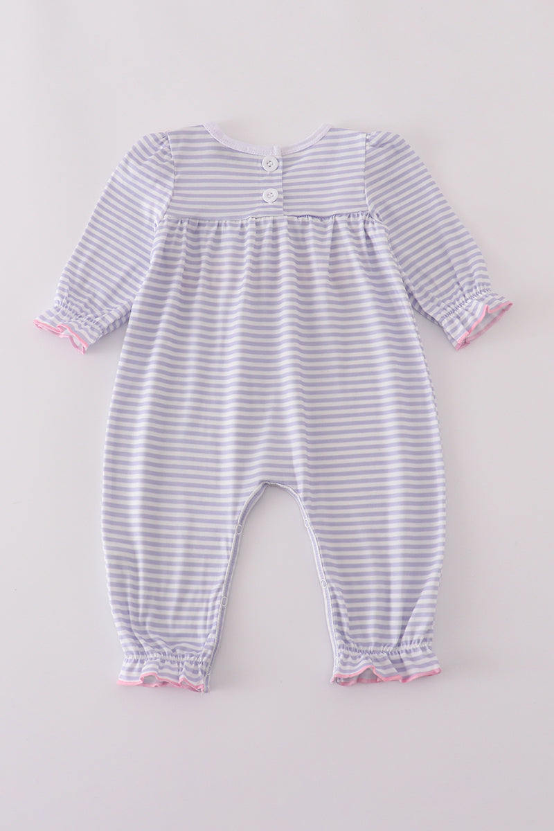 Lavender Stripe Ruffle Baby Romper with Embroidered Animal Faces – Long Sleeve