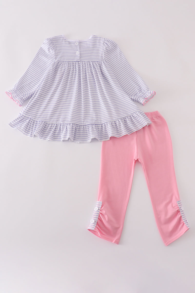 Purple Puppy French Knot Stripe Pants Set