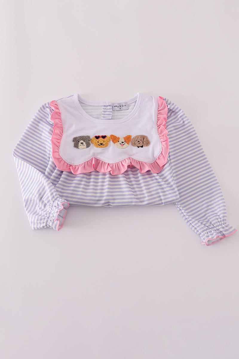 Purple Puppy French Knot Stripe Pants Set