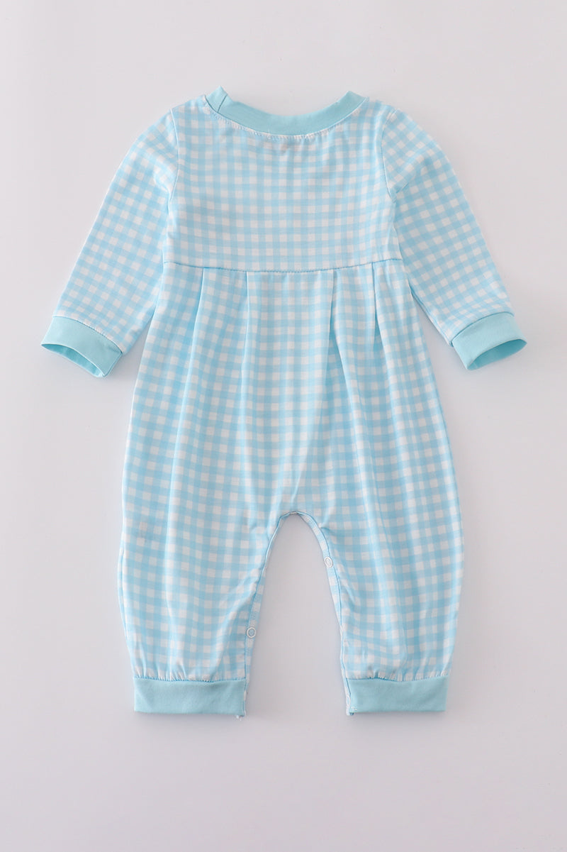 Baby Blue Gingham Farm Animal Smocked Romper – Long Sleeve