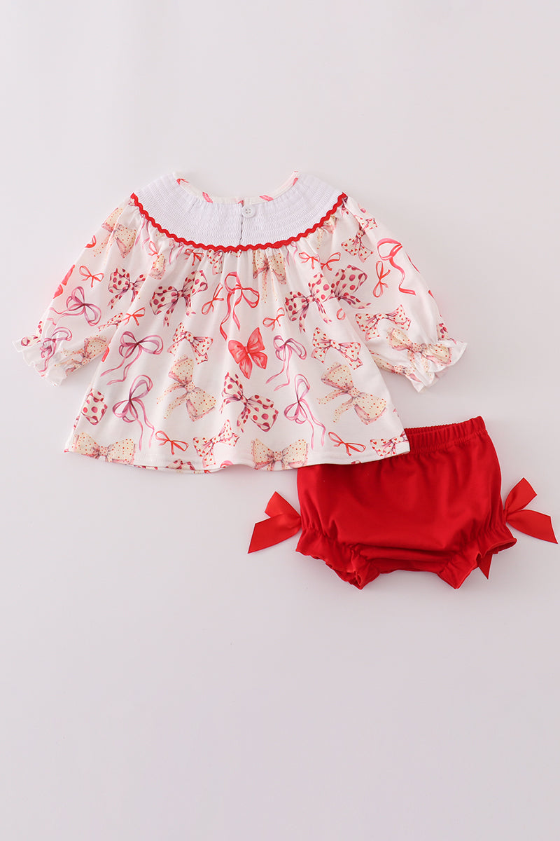 Baby Girl Red Bow Smocked Top & Bloomer Set β Long Sleeve