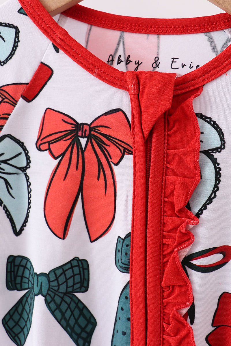 Baby Holiday Romper – Red & Green Bow Print with Ruffle Zipper