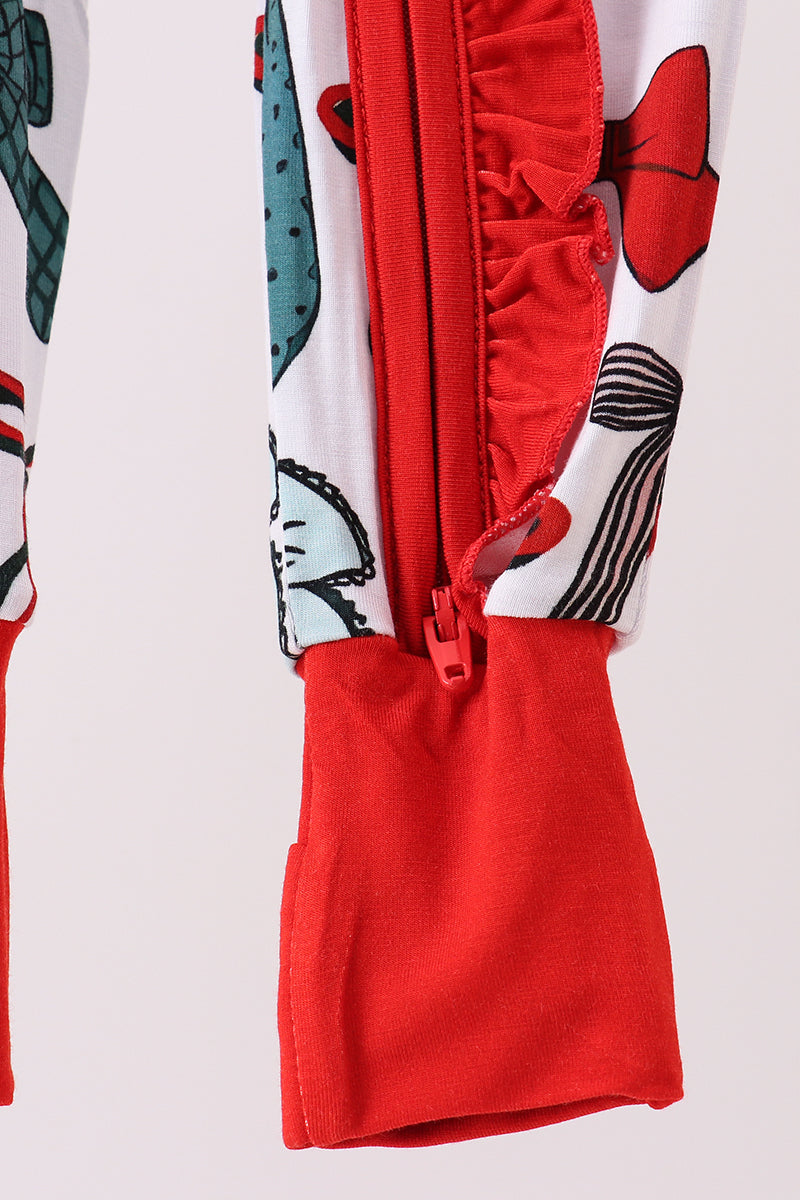 Baby Holiday Romper – Red & Green Bow Print with Ruffle Zipper