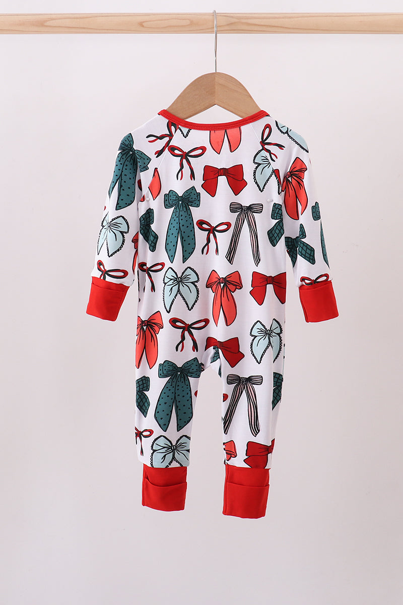 Baby Holiday Romper – Red & Green Bow Print with Ruffle Zipper