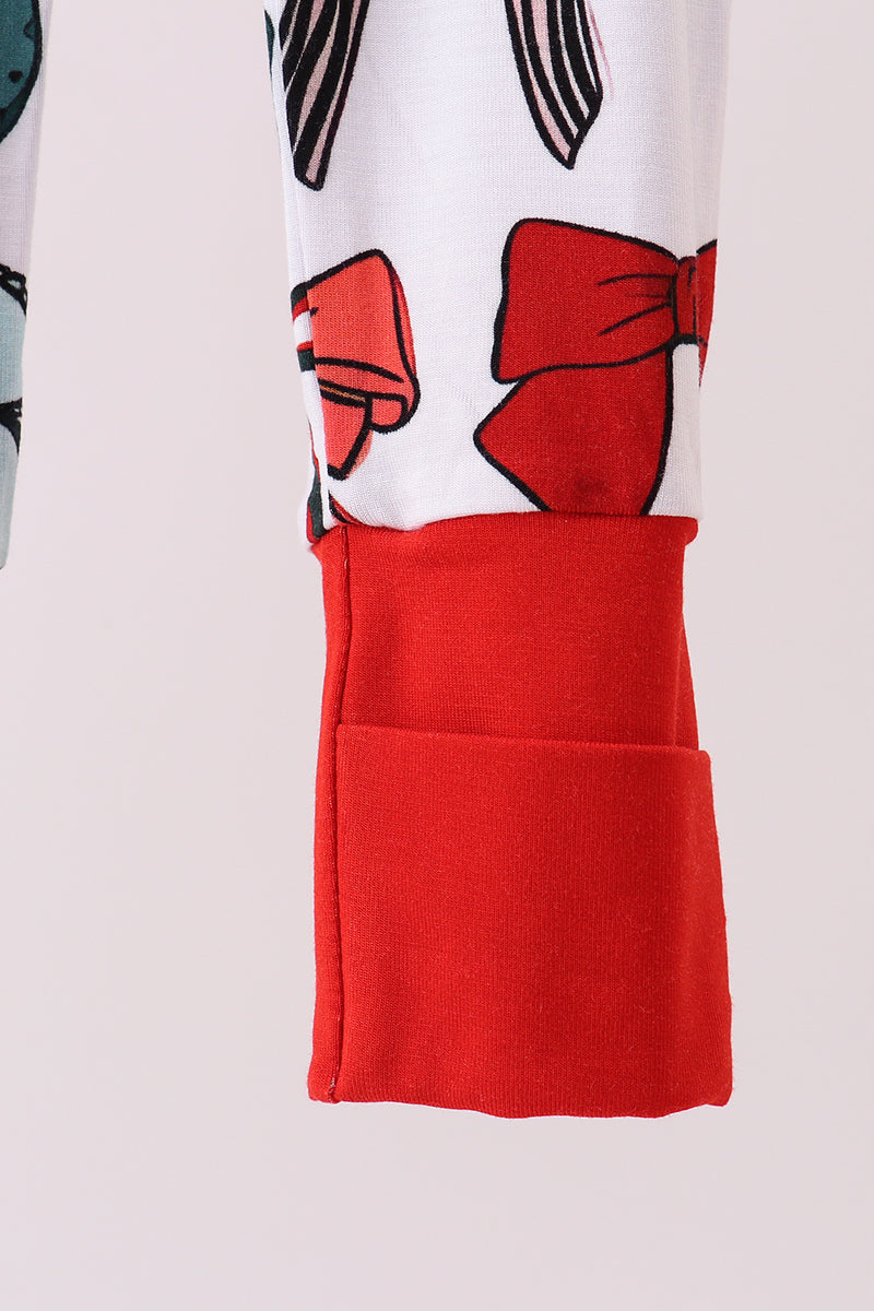 Baby Holiday Romper – Red & Green Bow Print with Ruffle Zipper