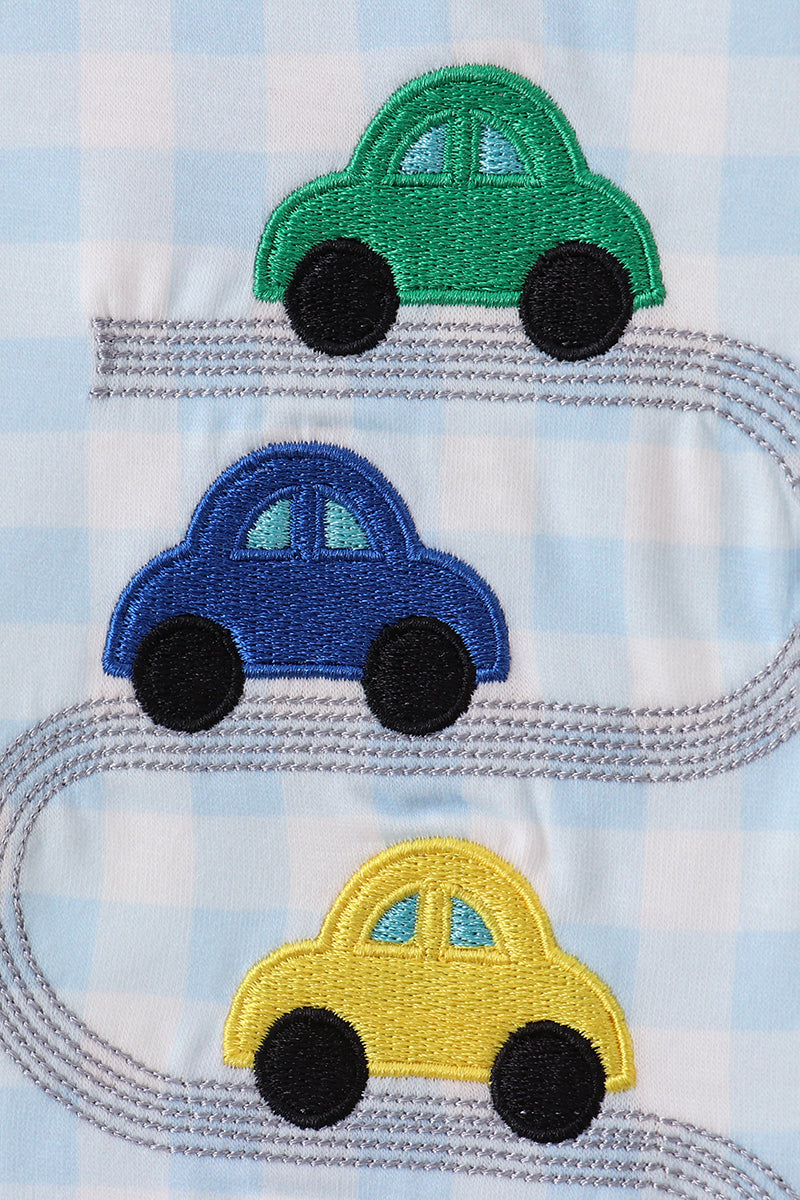 Boys Two-Piece Car Appliqué Lounge Set – Blue Gingham & Red Joggers