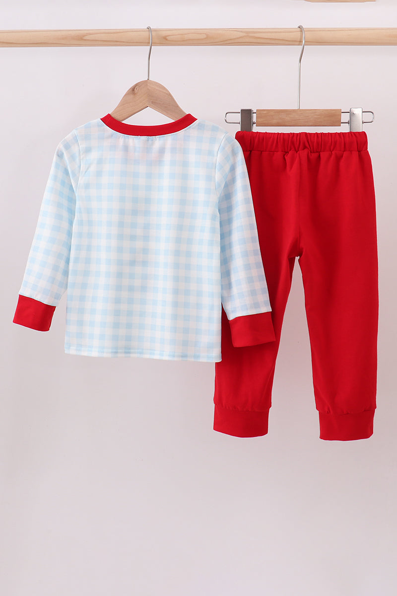 Boys Two-Piece Car Appliqué Lounge Set – Blue Gingham & Red Joggers