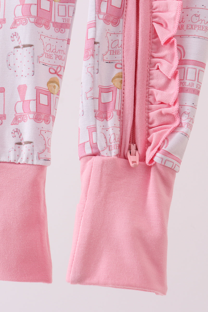 Pink Christmas Train Ruffle Baby Romper – Holiday One-Piece