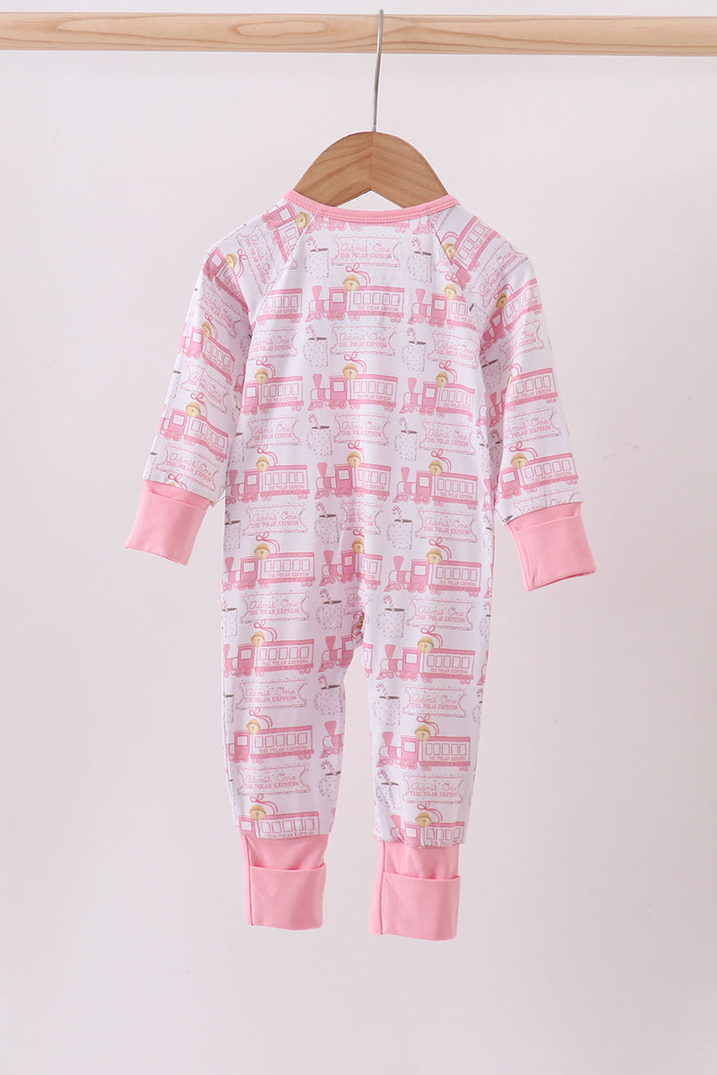 Pink Christmas Train Ruffle Baby Romper – Holiday One-Piece