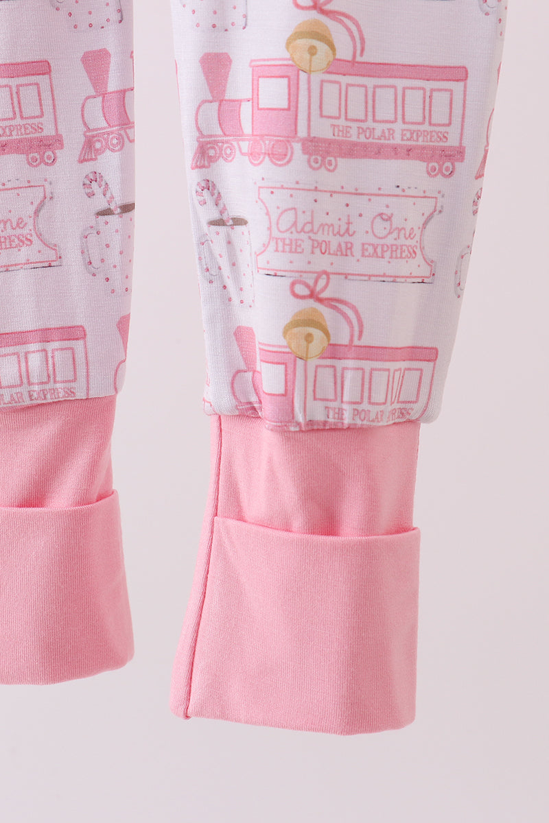 Pink Christmas Train Ruffle Baby Romper – Holiday One-Piece
