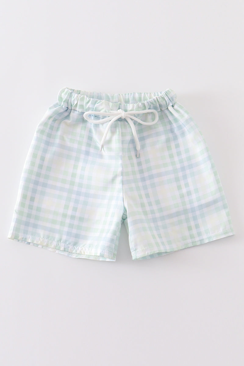 Pastel Plaid Boys’ Shorts – Blue, Green & White