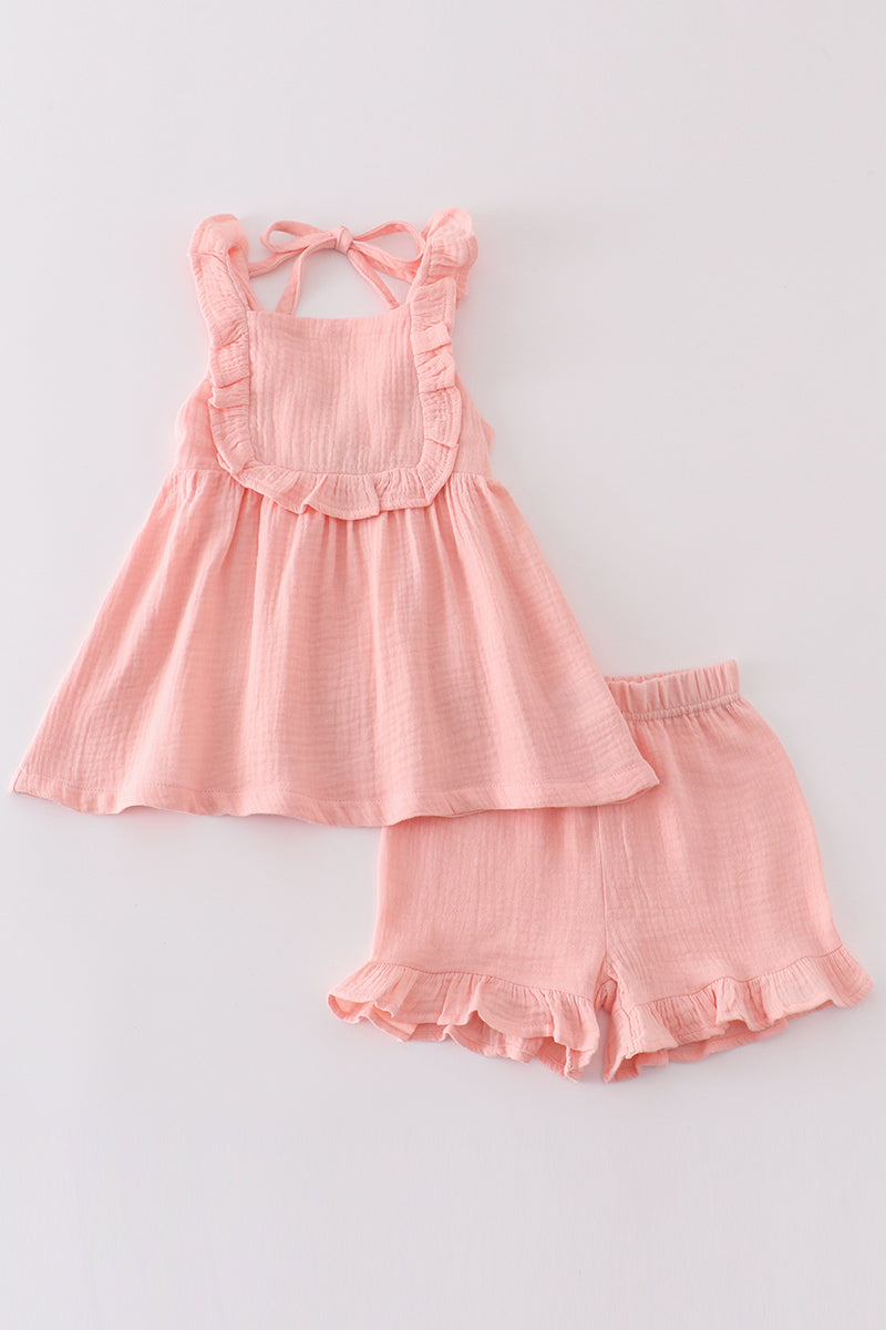 baby girl muslin outfit, toddler summer set, ruffle top and shorts set, peach baby girl clothes, breathable baby clothes, boutique toddler outfit