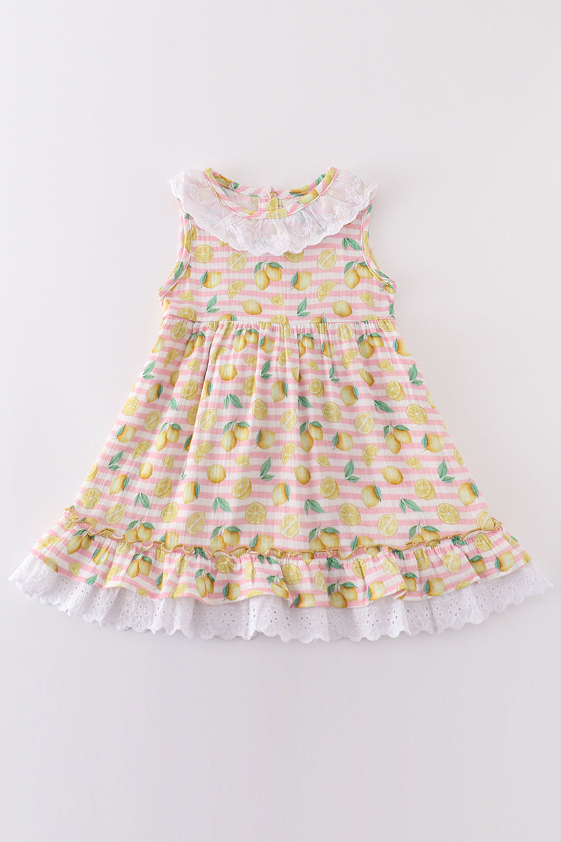 toddler girl summer dress, lemon print baby dress, pink stripe dress for girls, baby girl boutique dress, lace trim baby dress, breathable cotton dress