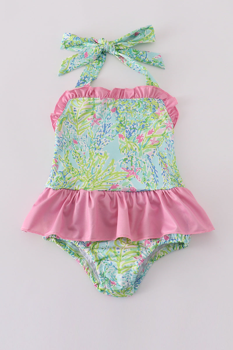 Pink Ruffle Baby Swimsuit – Tropical Halter One-Piece