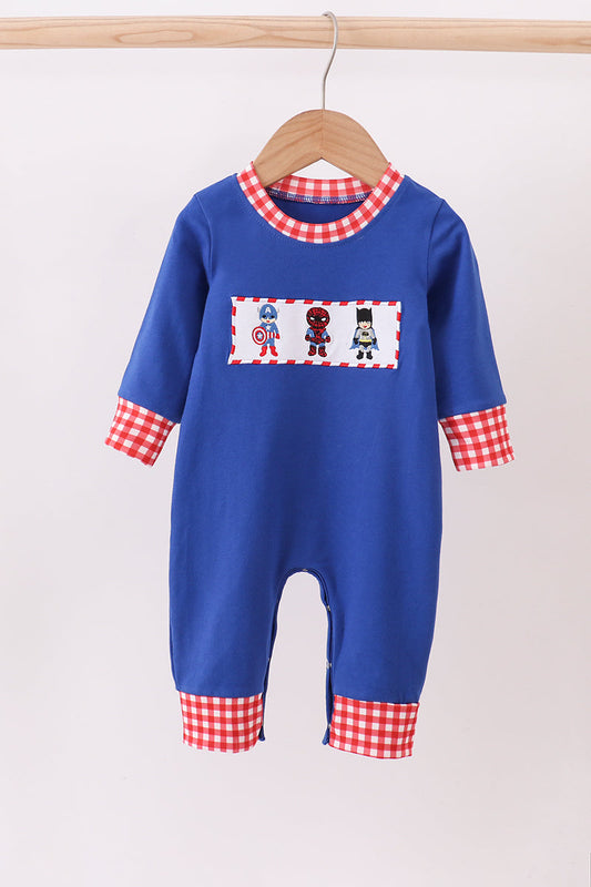 Superhero Gingham Baby Boy Romper – Blue & Red Long Sleeve