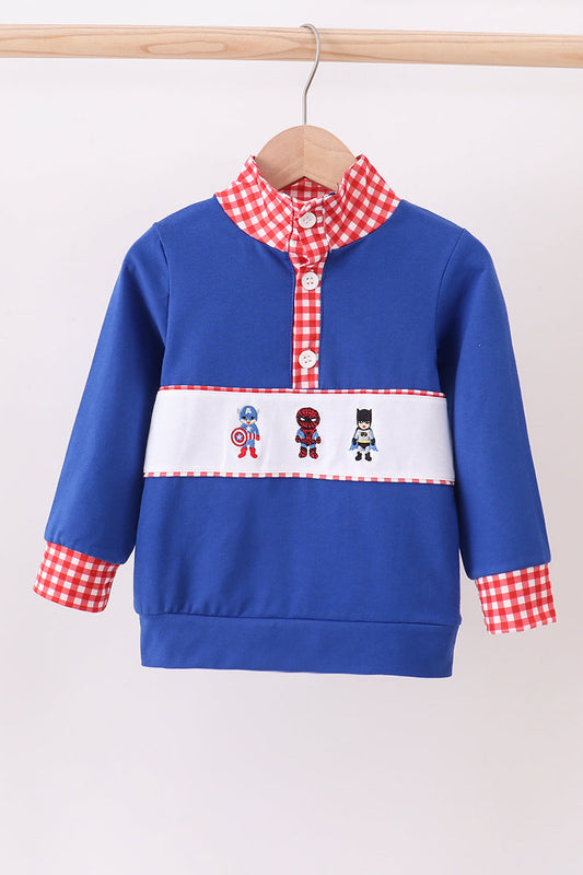 Superhero Gingham Boy’s Long Sleeve Shirt – Blue & Red
