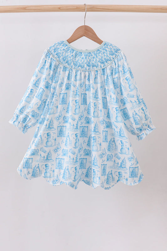Blue Snowman Smocked Twirl Dress