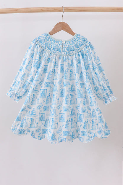 Blue Snowman Smocked Dress