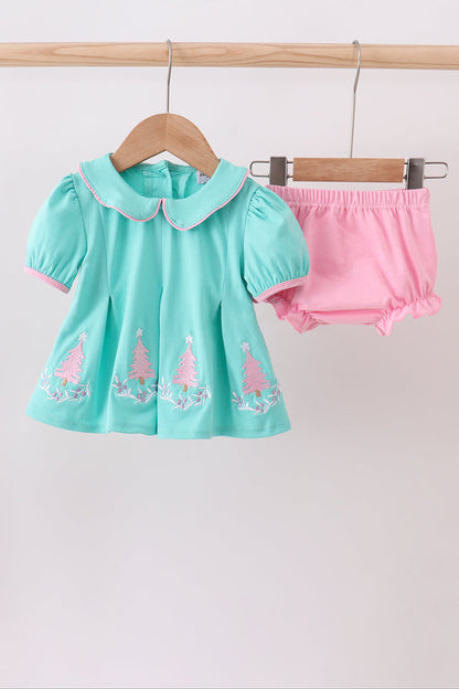 Girls Aqua & Pink Christmas Tree Bloomer Set