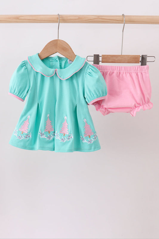 Girls Aqua & Pink Christmas Tree Bloomer Set