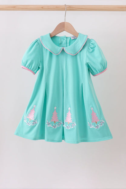 Mint Green Girls Holiday Dress with Pink Tree Embroidery