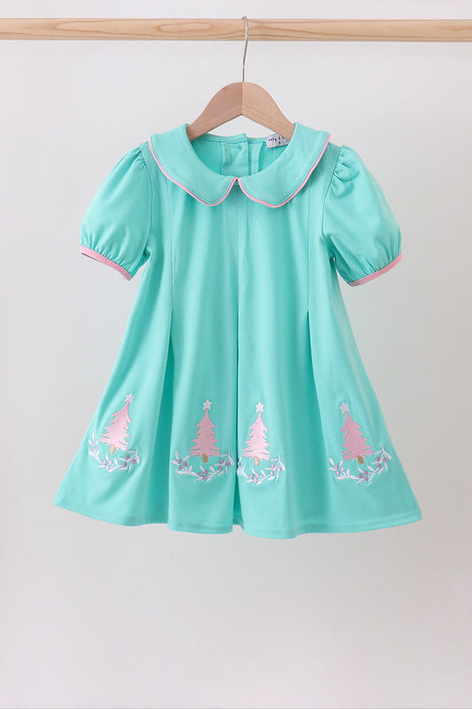 Mint Green Girls Holiday Dress with Pink Tree Embroidery