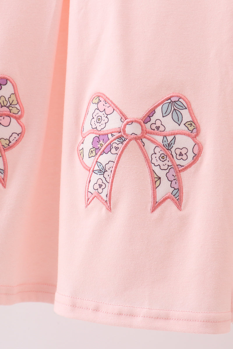 Pink Floral Bow Appliqué Ruffle Dress