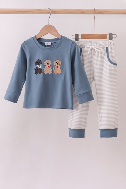 Blue Puppy Embroidered Set