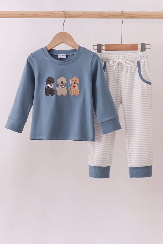Blue Puppy Embroidered Set