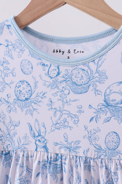 Blue Toile Bunny Dress – Short Sleeve Twirl Dress for Girls