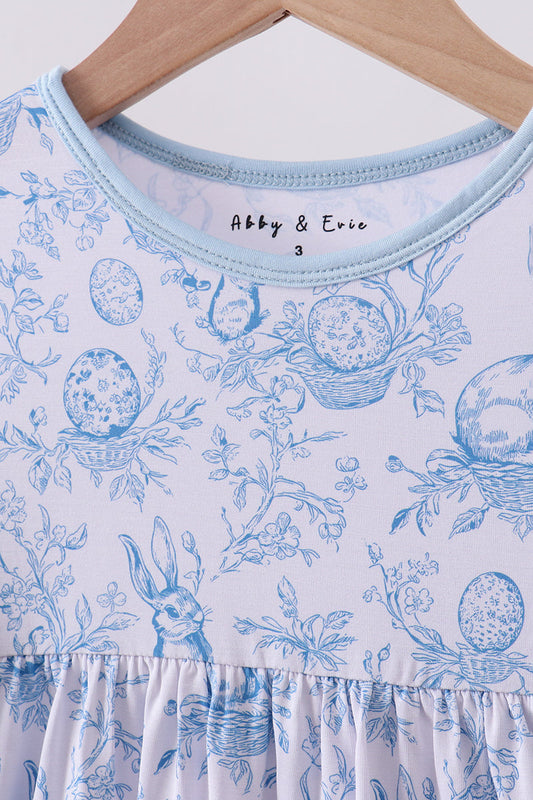 Blue Toile Bunny Dress – Short Sleeve Twirl Dress for Girls