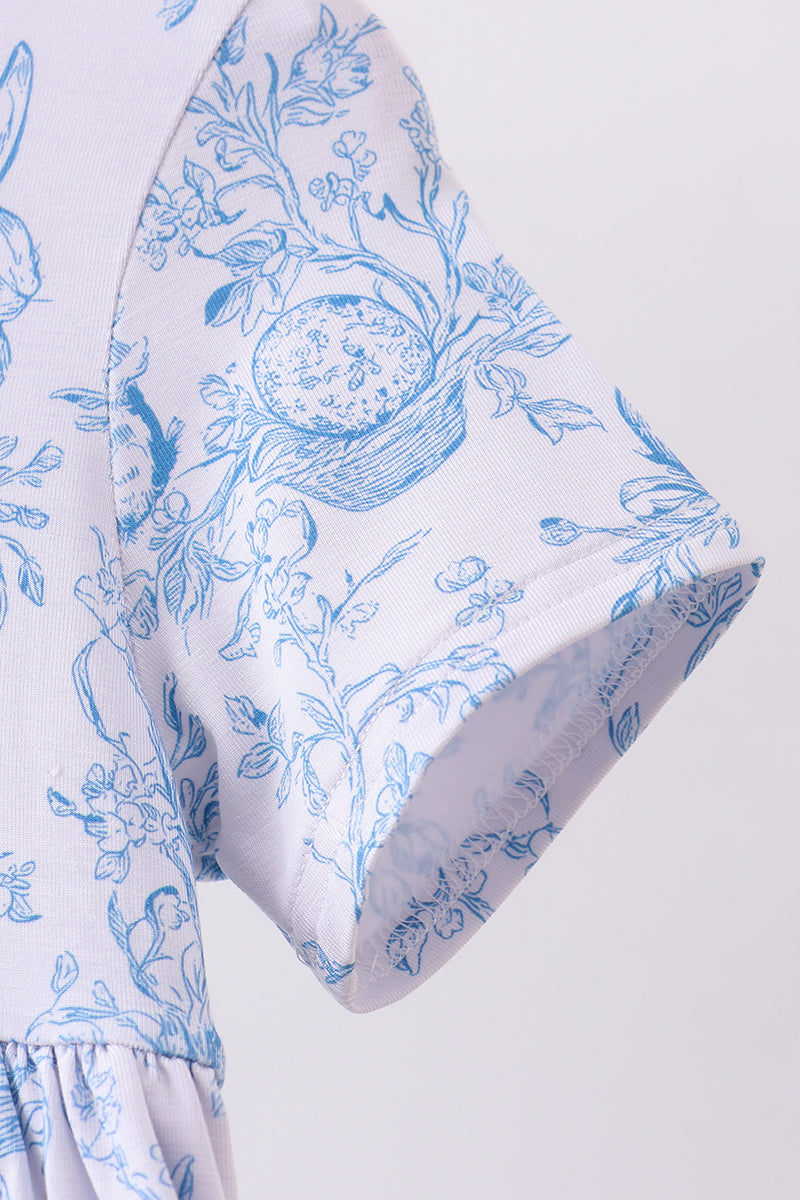 Blue Toile Bunny Dress – Short Sleeve Twirl Dress for Girls