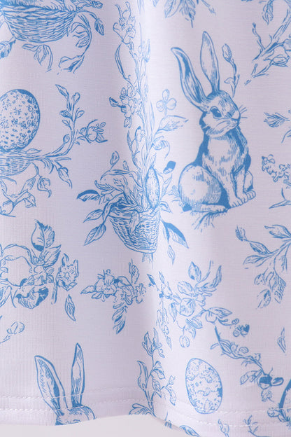 Blue Toile Bunny Dress – Short Sleeve Twirl Dress for Girls