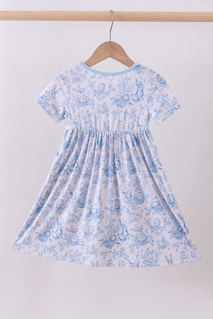 Blue Toile Bunny Dress – Short Sleeve Twirl Dress for Girls