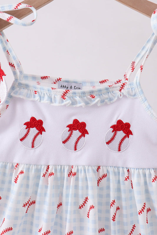 Baseball Appliqué Ruffle Gingham Dress