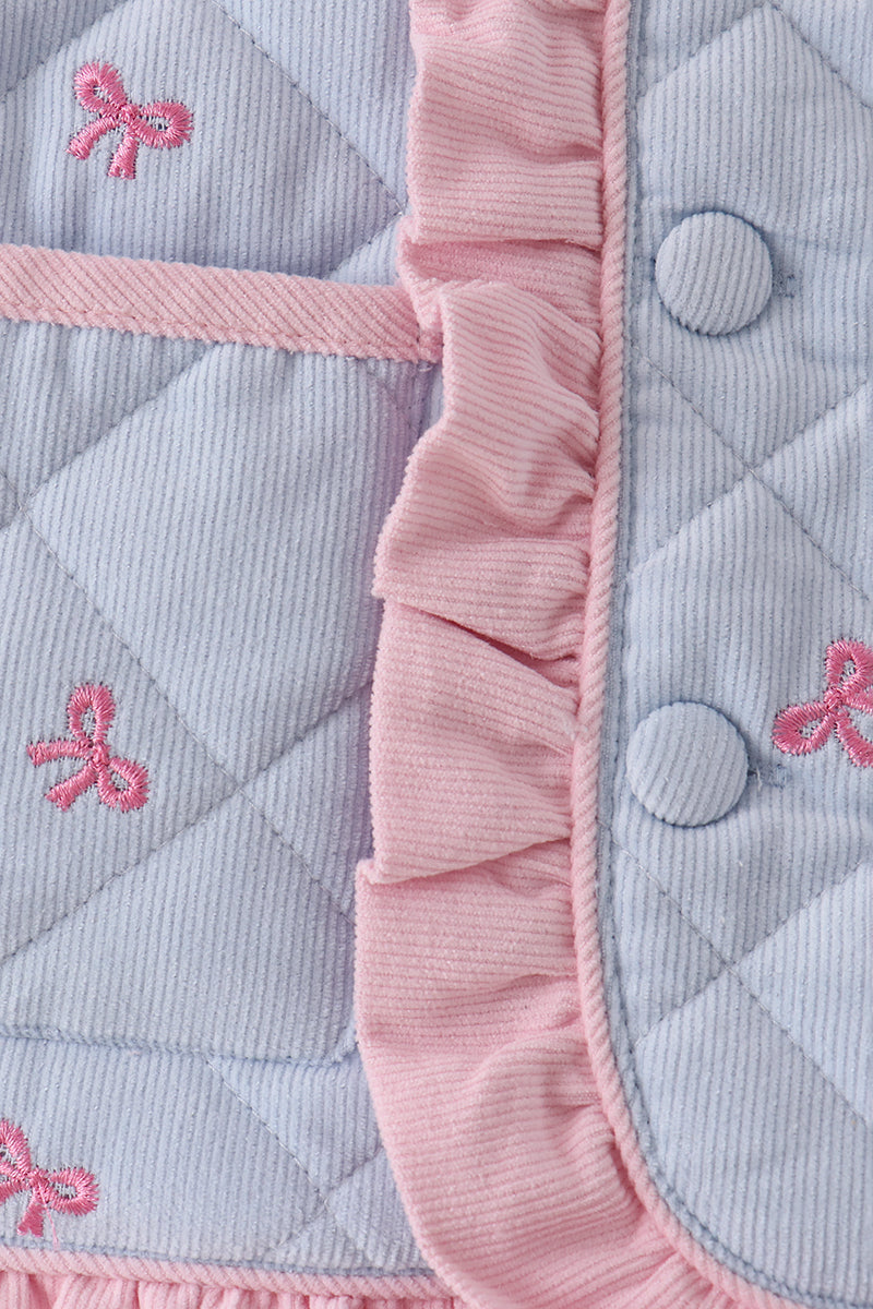 Girls’ Blue Quilted Jacket with Pink Bow Embroidery & Ruffle Trim