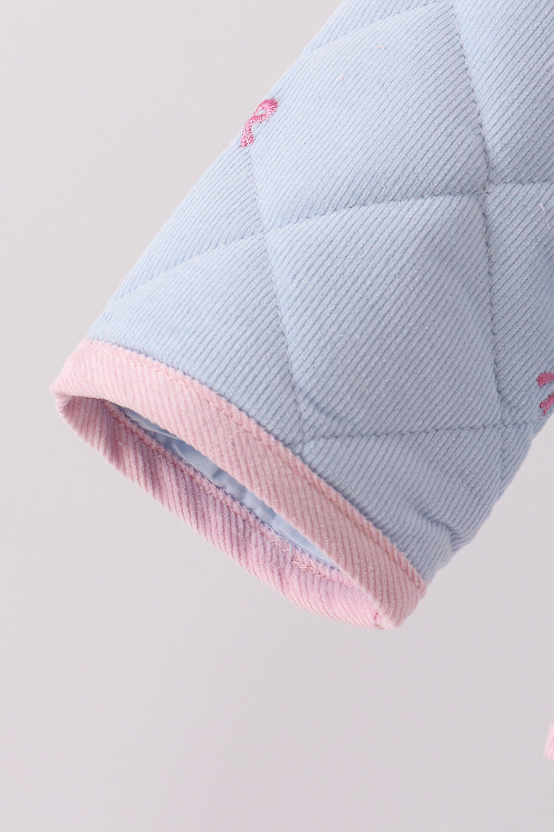 Girls’ Blue Quilted Jacket with Pink Bow Embroidery & Ruffle Trim