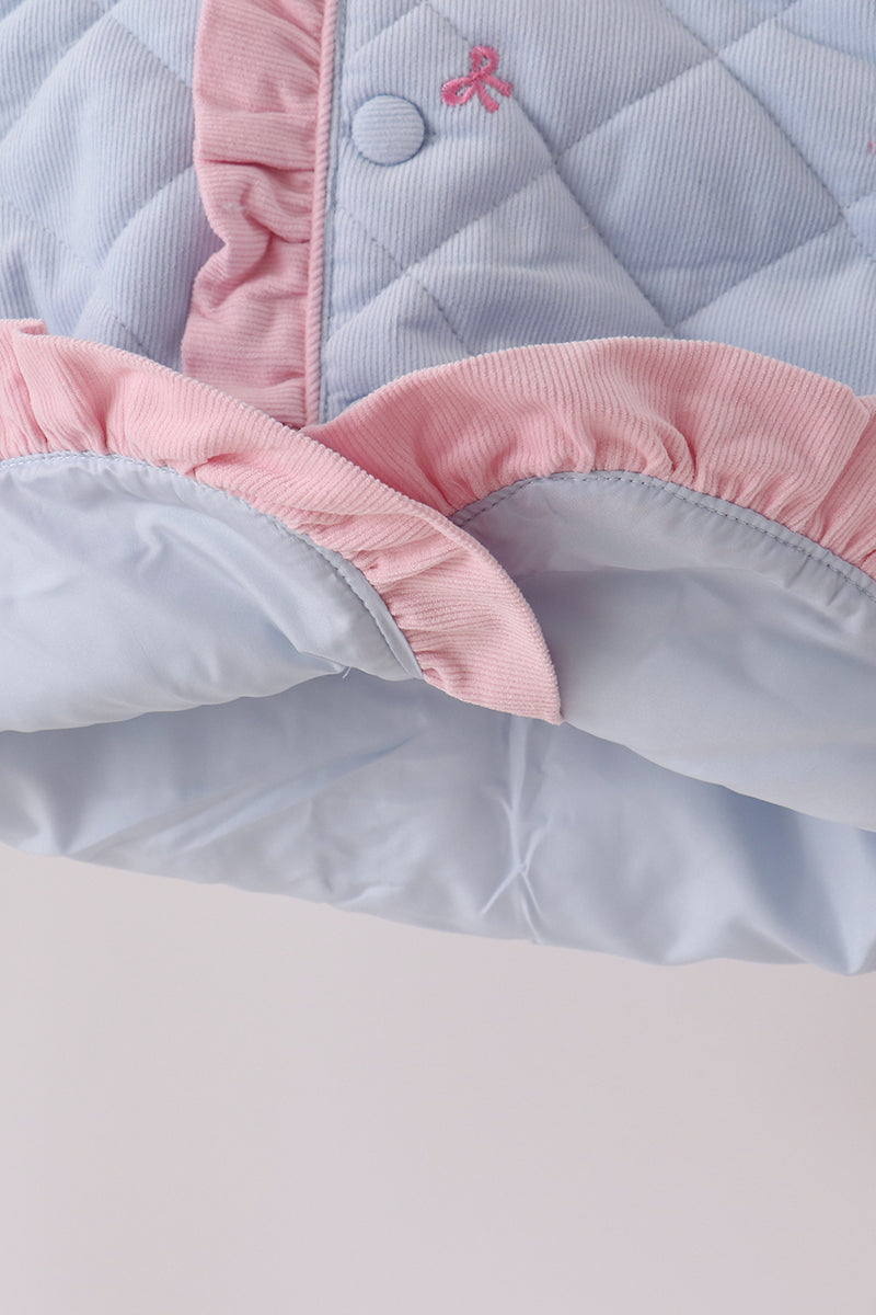 Girls’ Blue Quilted Jacket with Pink Bow Embroidery & Ruffle Trim