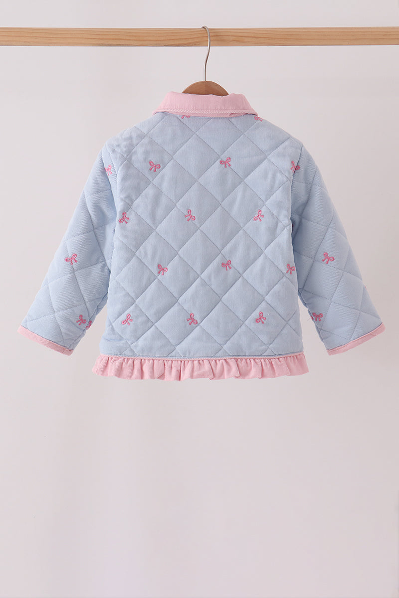 Girls’ Blue Quilted Jacket with Pink Bow Embroidery & Ruffle Trim