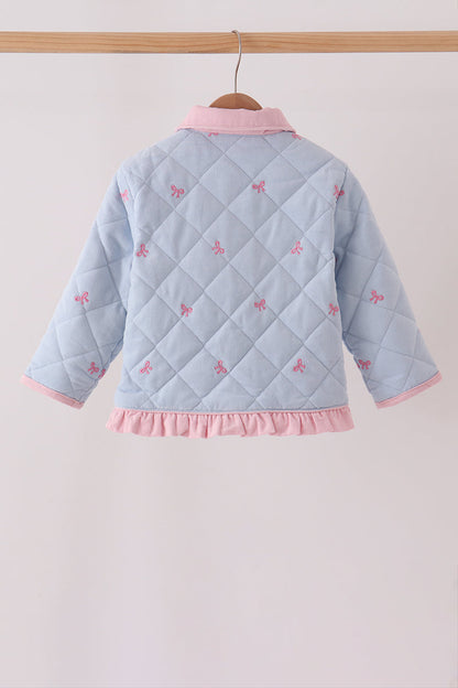 Girls’ Blue Quilted Jacket with Pink Bow Embroidery & Ruffle Trim