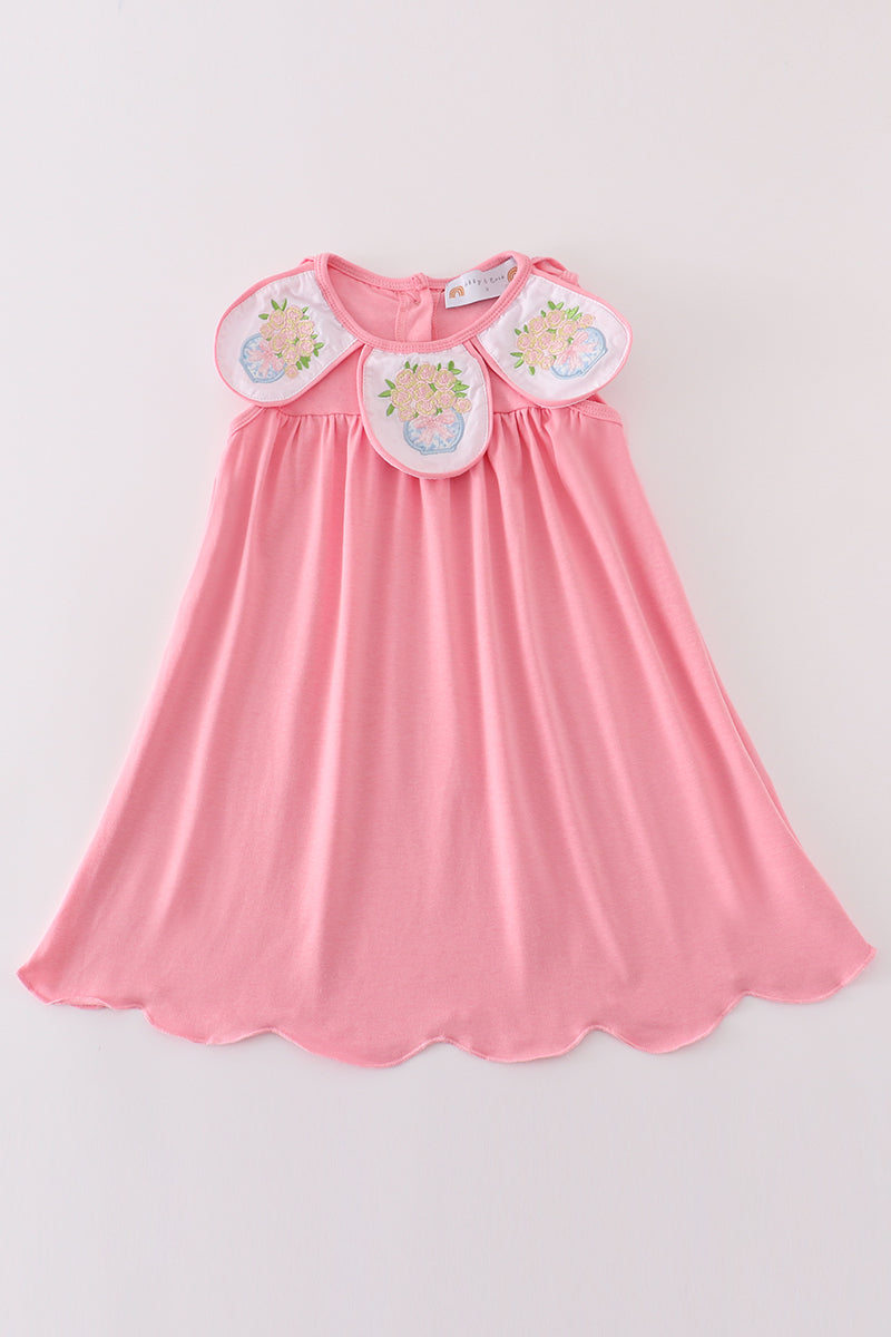 Pink Vase Embroidered Baby Dress – Scalloped Hem & Floral Collar