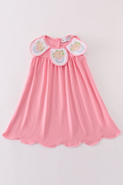 Pink Vase Embroidered Baby Dress – Scalloped Hem & Floral Collar