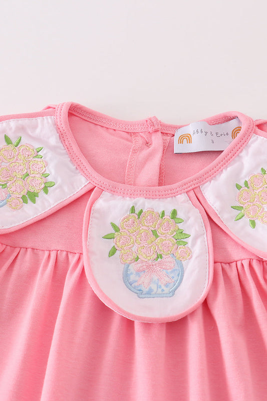 Pink Vase Embroidered Baby Dress – Scalloped Hem & Floral Collar