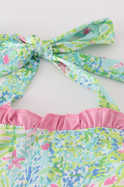 Pink Ruffle Baby Swimsuit – Tropical Halter One-Piece